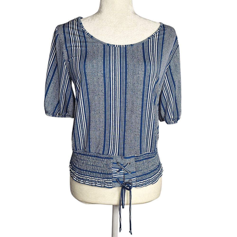 Naif Short Sleeve Blouse Striped Blue White Nautical Medium Womens